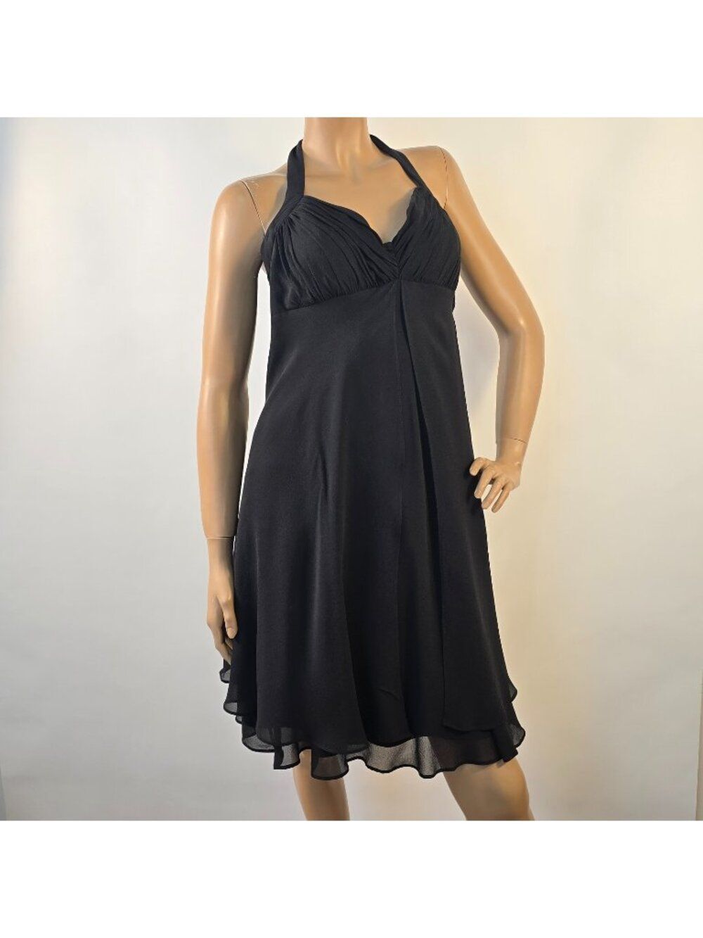 White House Black Market Halter Cocktail Dress Black Silk Sz 12 Back Zip FLAW